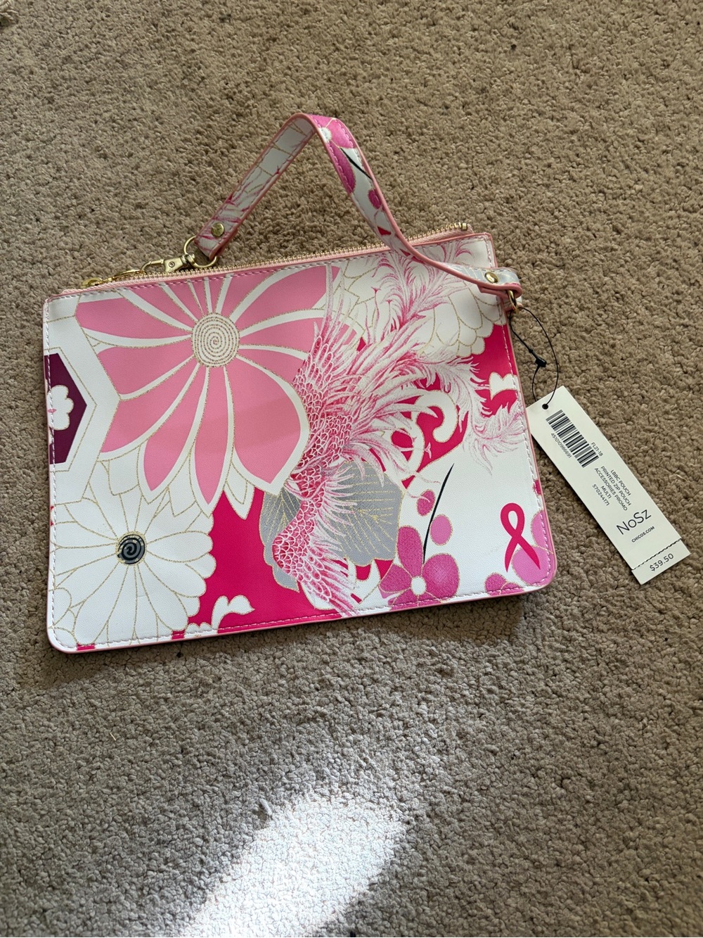 Chico's Pink Floral Wristlet Clutch with Gold Trim